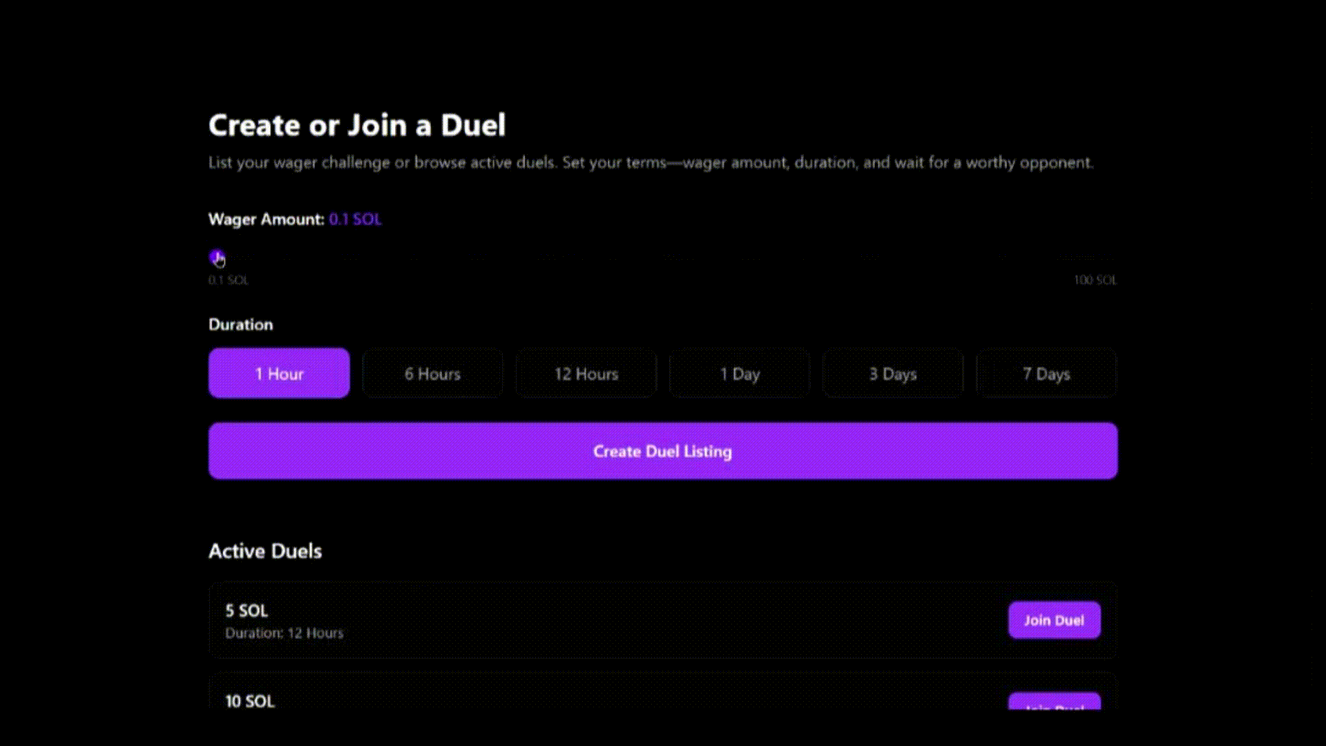 User creating a duel listing with wager amount slider and duration selector
